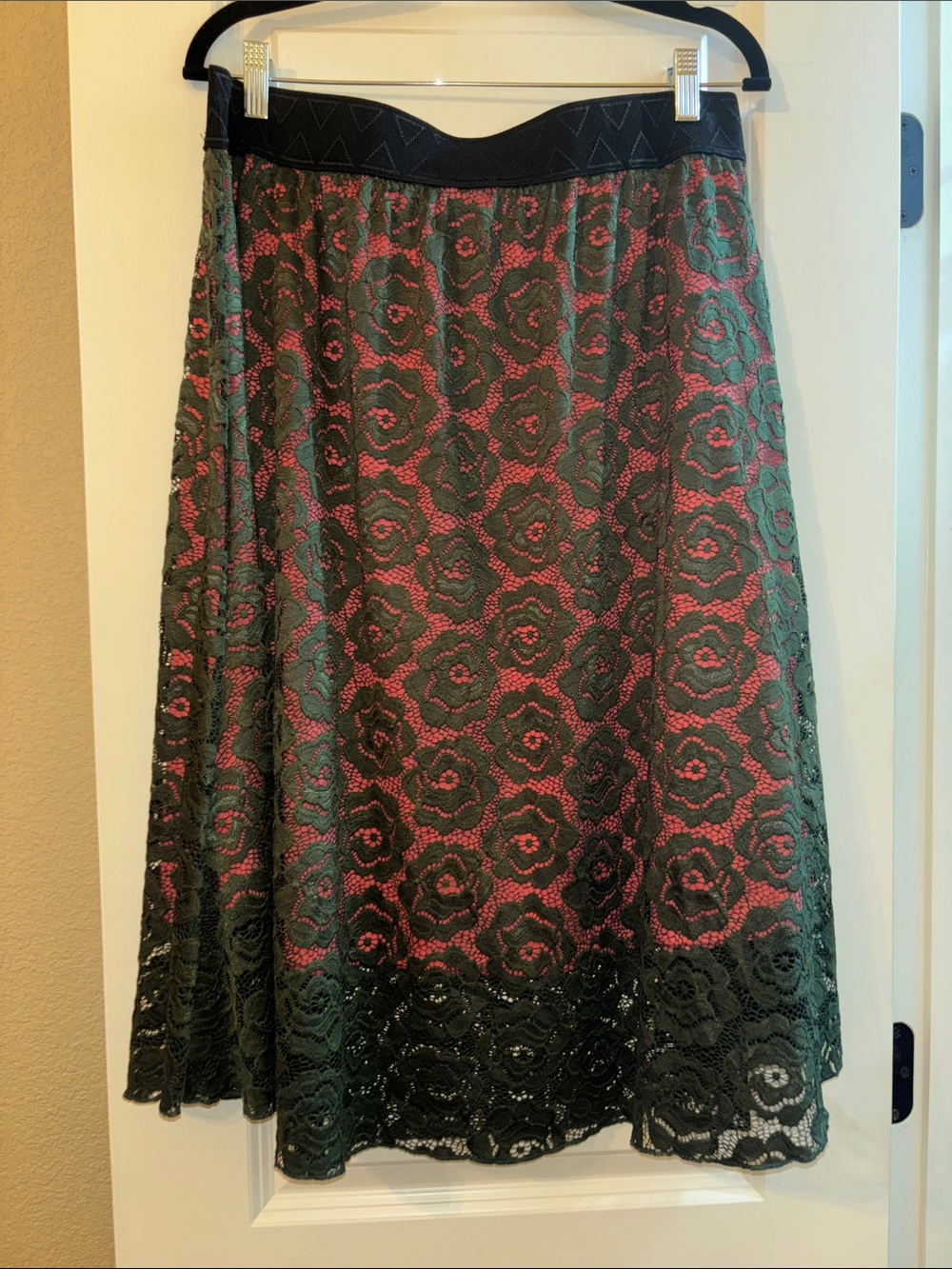Lularoe Lola: Green Lace Overlay A-Line Skirt with Pink Underlay